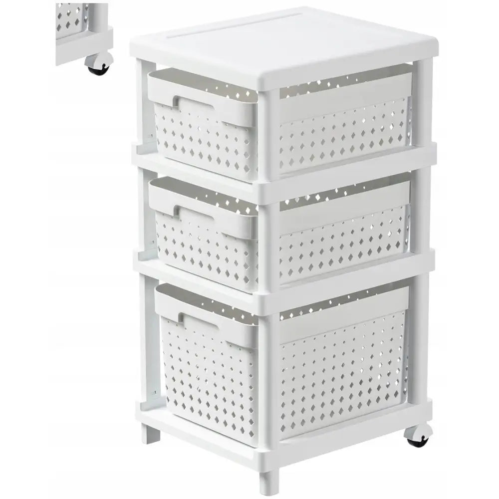 Mobil baderomsskap hylle på hjul, hvit plast med tre perforerte skuffer og detaljert kurvmønster.