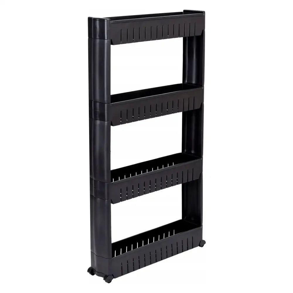 Mobil skap på hjul i sort plast, tre åpne hyller med luftehull, sett fra skrå vinkel på fire hjul.
