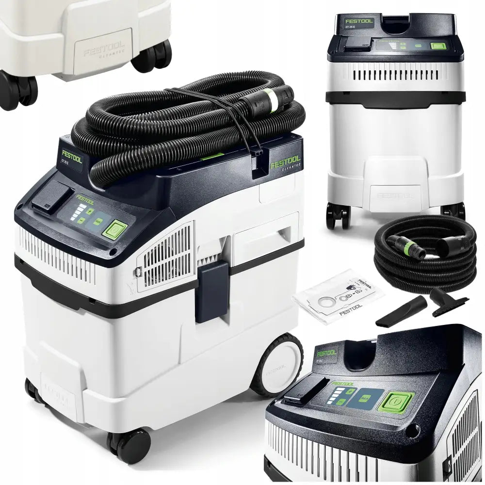 Mobil støvsuger Cleantec Festool 1200W med tilbehør, sett fra ulike vinkler, inkludert slange og munnstykker.