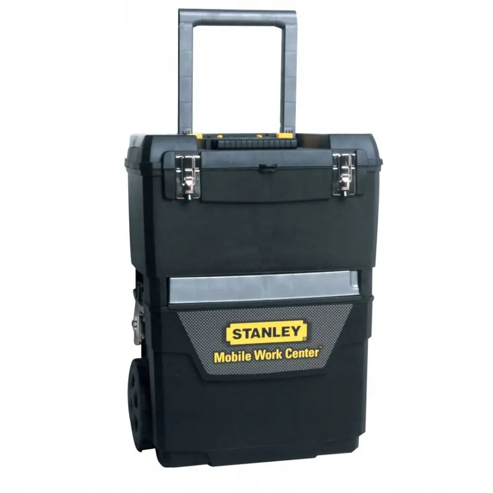 Mobil verkstedkasse på hjul med teleskophåndtak, sølvspenner og gult merke foran.