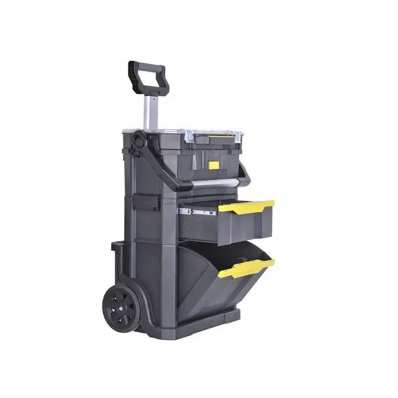 Mobil verksted på hjul fra Stanley, sidevisning av sort verktøykasse med hjul, teleskophåndtak og gule rom.