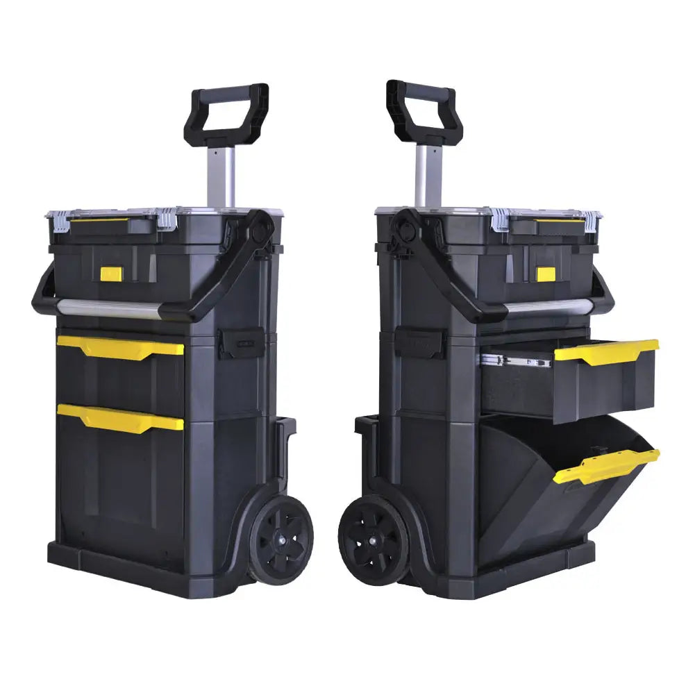 Mobil verksted på hjul fra Stanley, sort og gul trillekasse med åpne skuffer og uttrekkshåndtak.