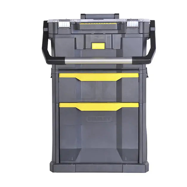 Stanley mobil verksted 2-i-1 verktøykasse, frontvisning med gult håndtak og gjennomsiktig lokk.