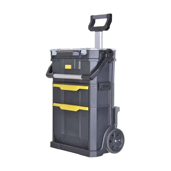 Mobil verksted på hjul fra Stanley, skråvisning som fremhever hjul, gult håndtak og romslig oppbevaring.