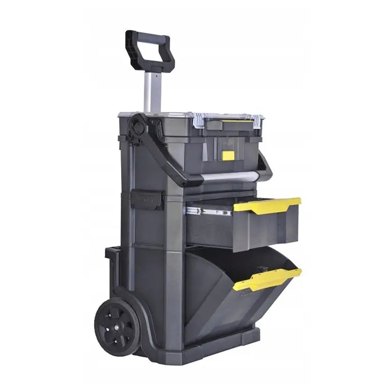 Mobil verkstedkasse fra Stanley sett skrått forfra, viser åpne uttrekkskuffer og teleskophåndtak.