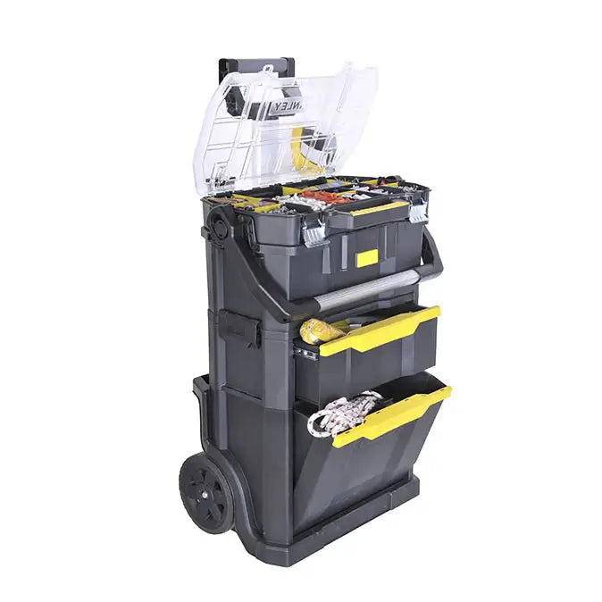 Stanley mobil verktøykasse på hjul, sidevisning med åpen topp, gule skuffer og robuste transporthjul.