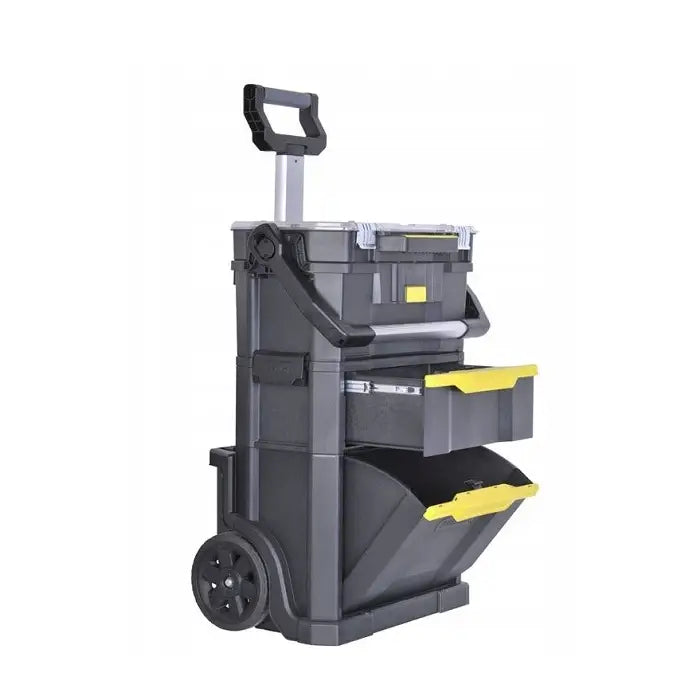 Stanley mobil verktøykasse med hjul, teleskophåndtak og åpen skuff, sett fra siden.