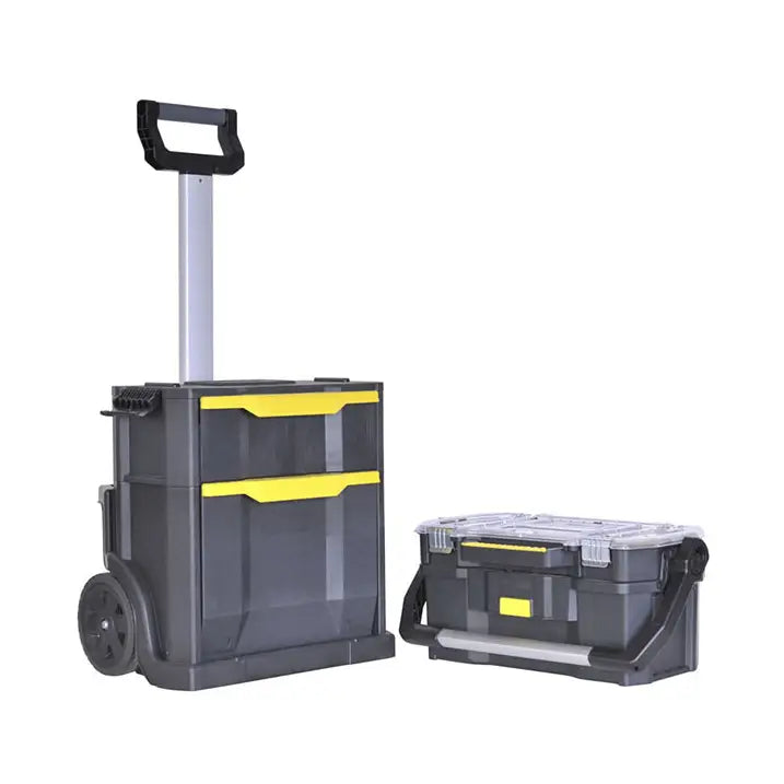 Stanley mobil verksted på hjul, to-delt verktøykasse med hjul og bærehåndtak, sett fra skrå vinkel.