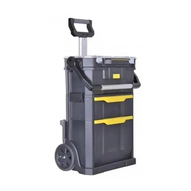 Stanley mobil verkstedkasse 2-i-1, skråvisning av store hjul, uttrekkbart håndtak og to rom med gule detaljer.