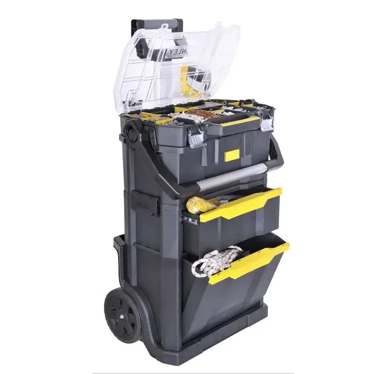 Mobil Verksted På Hjul 2-I-1 Verktøykasse Stanley, sidevisning med åpne skuffer og synlig innhold under gjennomsiktig lokk.