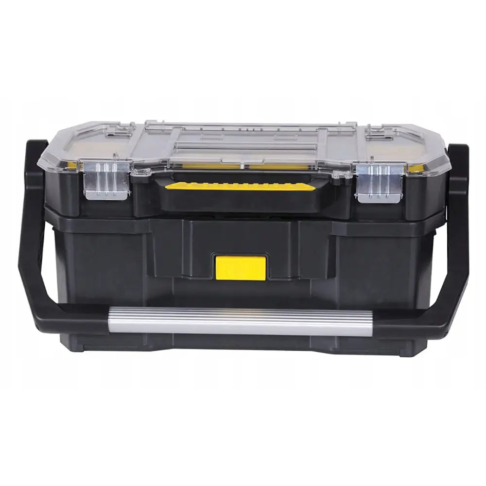 Stanley mobil verksted 2-i-1 verktøykasse, frontvisning med gjennomsiktig lokk og gule detaljer på hvit bakgrunn.