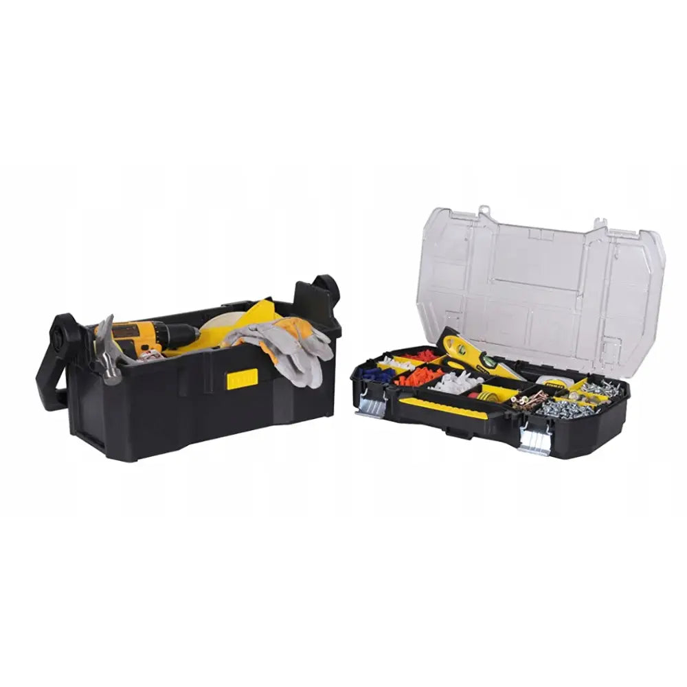 Stanley mobil verksted 2-i-1, åpen og lukket verktøykasse med sortert innhold og hansker sett fra skrå vinkel.