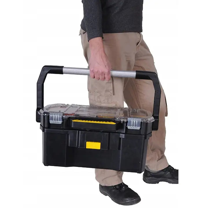 Stanley mobil verktøykasse 2-i-1, bæres i hånden med synlige smådelsrom under gjennomsiktig lokk.