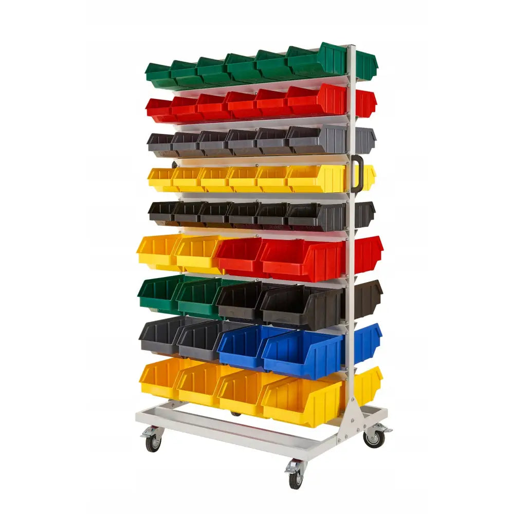Mobil verkstedhylle RJ med fargerike plastbokser, sett forfra, håndtak synlig på høyre side.