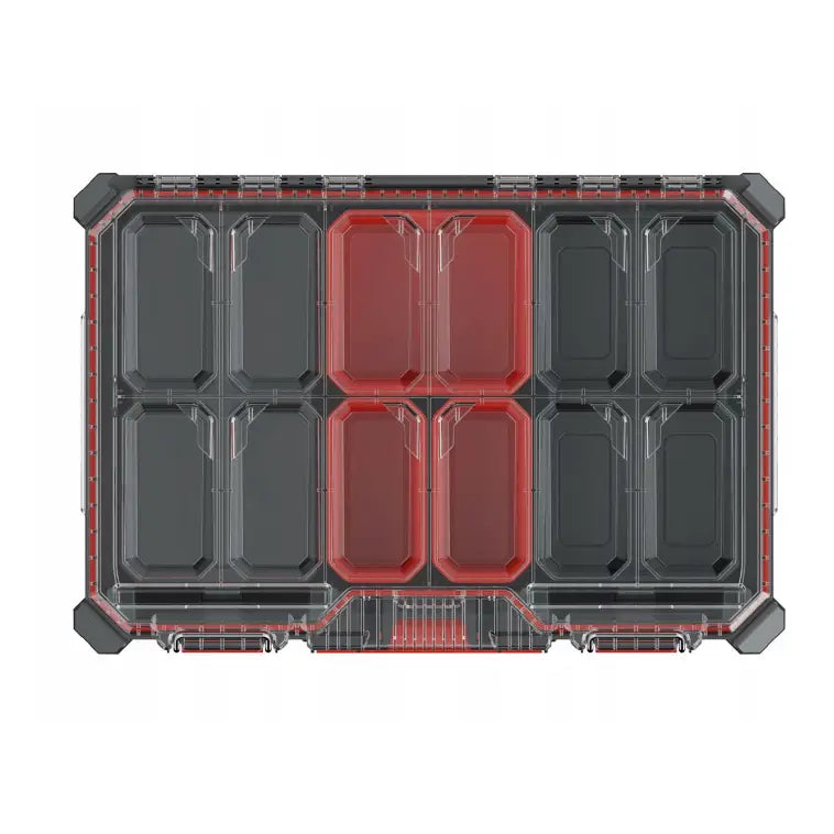 Mobil verktøykasse Kistenberg modulær, sett ovenfra med åtte svarte og fire røde rom under gjennomsiktig lokk.