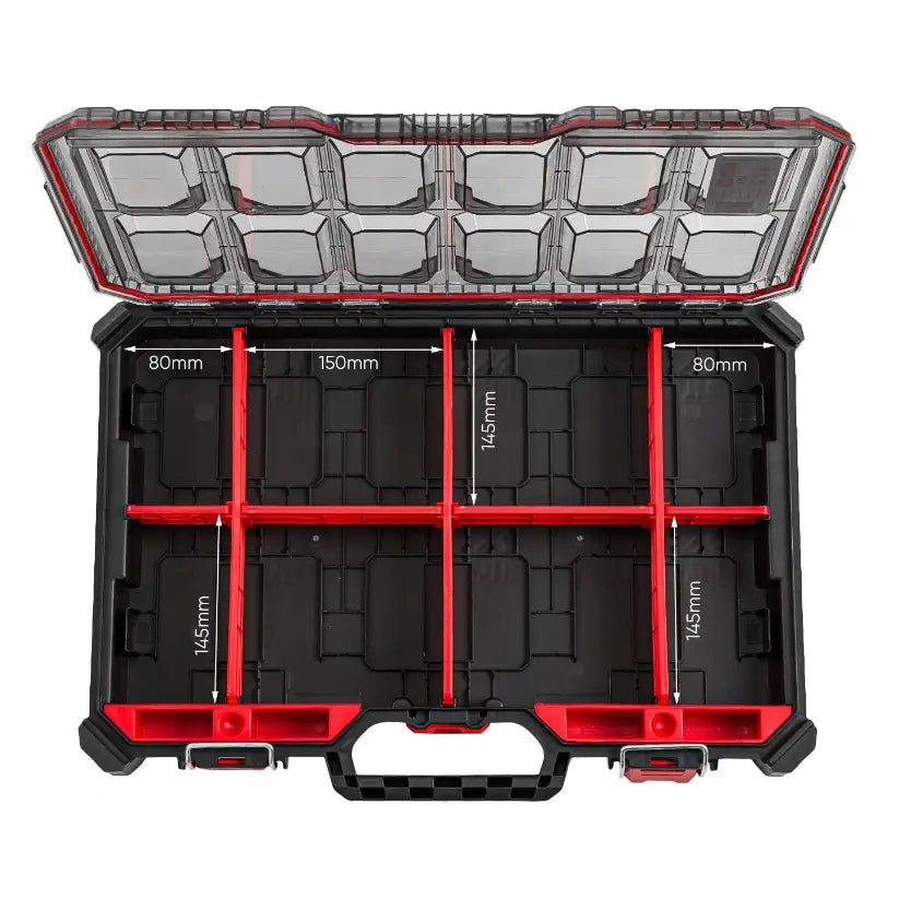Mobil verktøykasse Kistenberg modulær sett ovenfra med åpent, gjennomsiktig lokk og røde skillevegger.