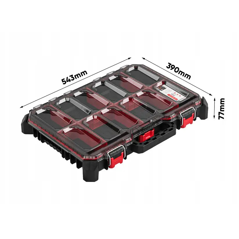 Mobil verktøykasse Kistenberg modulær, sort og rød plastboks med gjennomsiktig lokk og inndelte rom sett ovenfra.