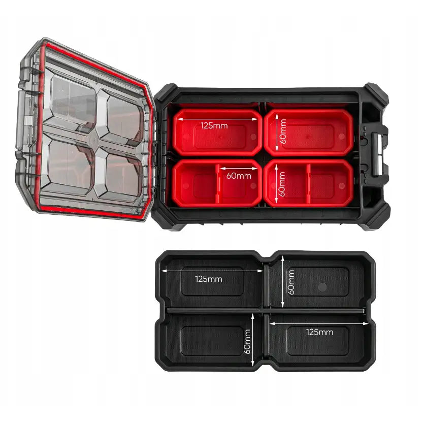 Mobil verktøykasse Kistenberg, toppvisning med åpent lokk, fire røde rom og gjennomsiktig lokk med rød list.