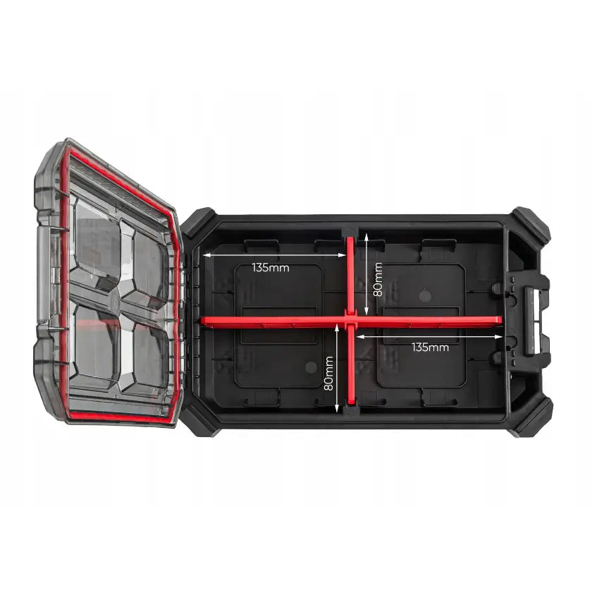 Mobil verktøykasse Kistenberg modulær, åpent lokk viser røde skillevegger og målestrek i plastboksen.