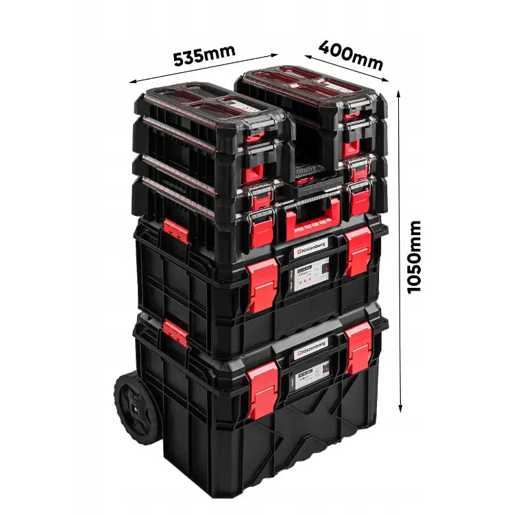 Mobil verktøykasse Kistenberg modulær, stablede sorte og røde kofferter med store hjul og markerte mål.