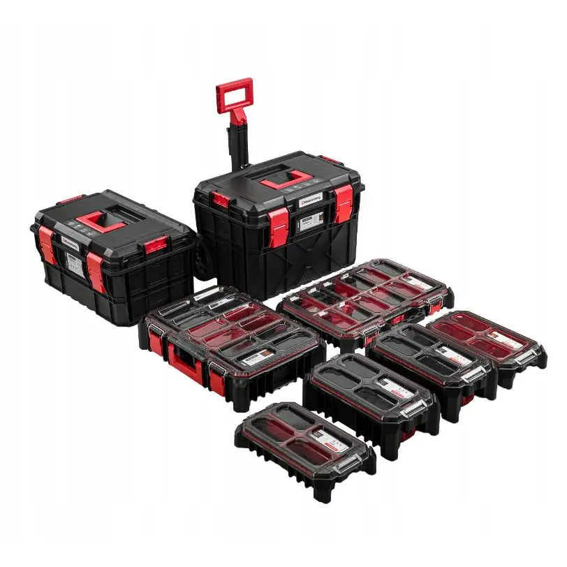Mobil verktøykasse Kistenberg modulær, sett med flere esker i plast, skråvisning med uttrekkbart håndtak og transparente lokk.
