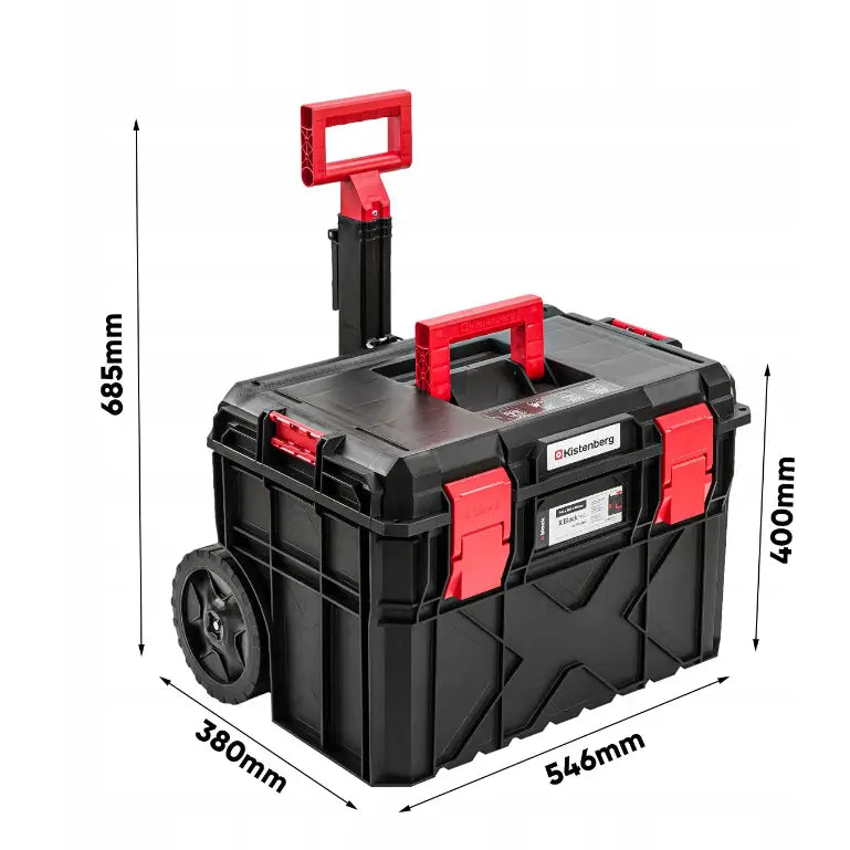 Mobil verktøykasse i sort hardplast med røde detaljer, skråvisning av håndtak, hjul og mål på bildet.