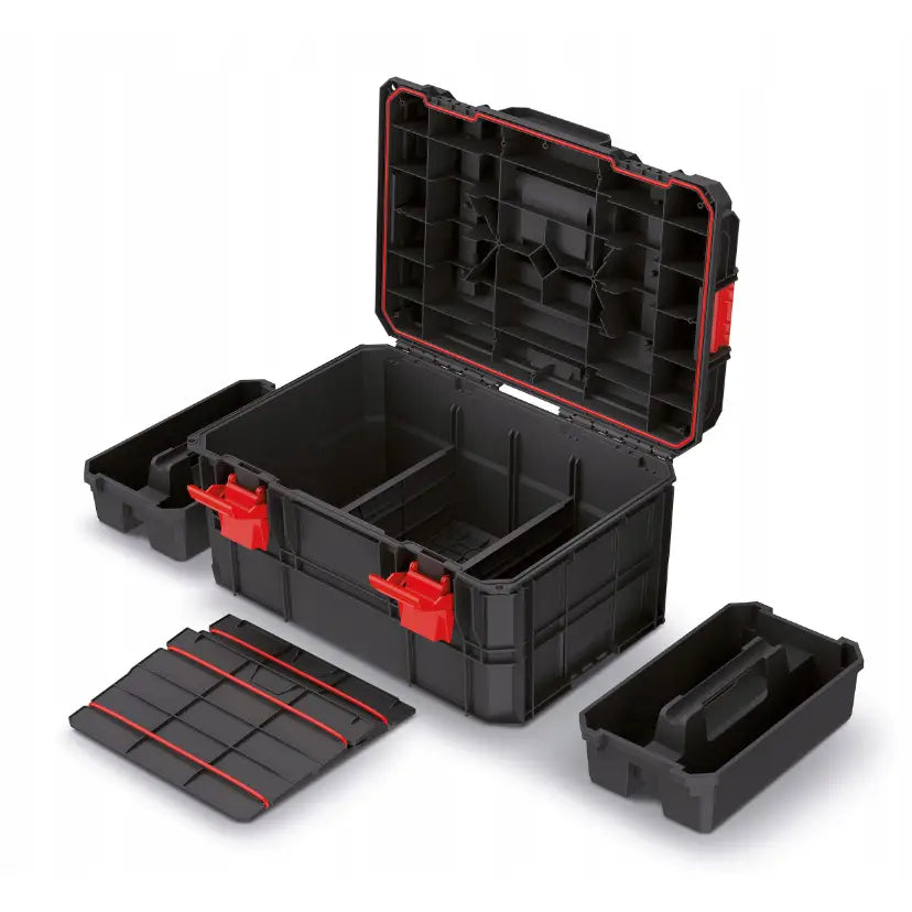 Mobil verktøykasse Kistenberg modulær med åpent lokk, røde låser og innsatser samt tilbehør ved siden av.