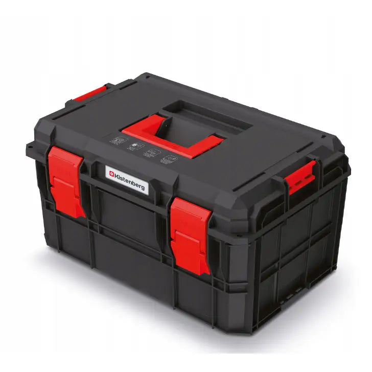 Mobil verktøykasse Kistenberg modulær, sort plast med røde spenner, sett skrått forfra, tydelige låseklips.