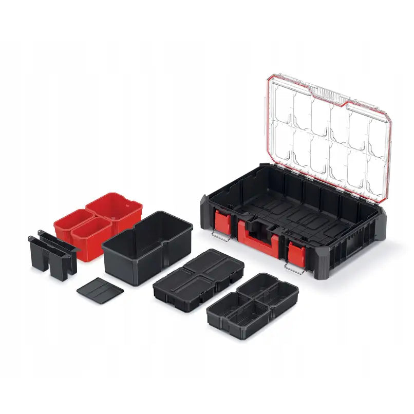 Mobil verktøykasse Kistenberg, sort plastboks med gjennomsiktig lokk og røde låser, løse rom ved siden av.