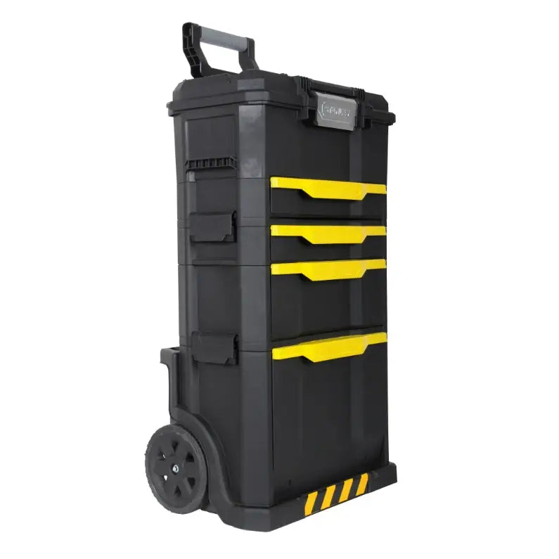 Mobilt verksted med tre seksjoner fra Stanley, sort plastkasse med gule håndtak og hjul, sidevisning.