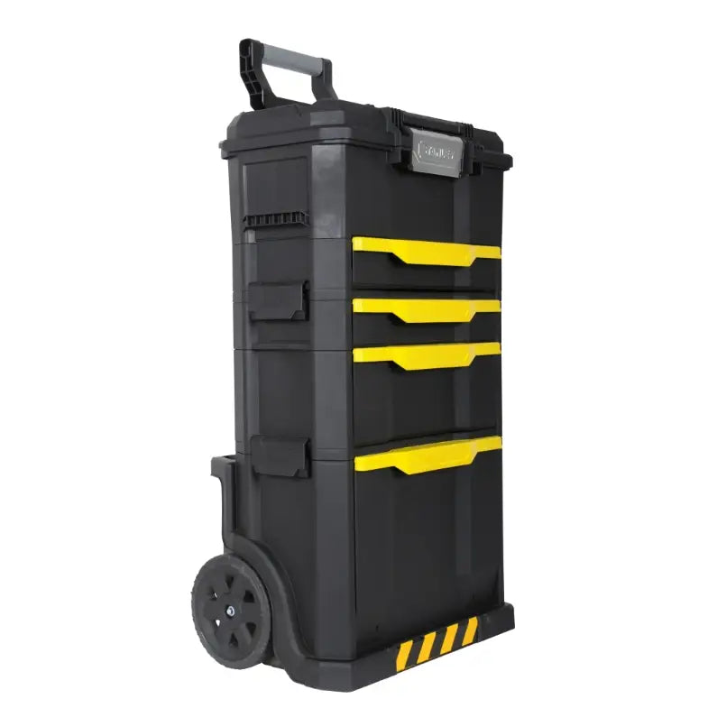 Mobilt verksted med tre seksjoner fra Stanley, skråvisning som fremhever gule håndtak og solide hjul.