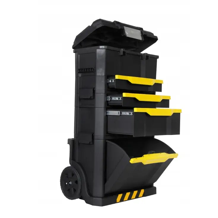 Mobilt verksted fra Stanley med tre seksjoner, åpne skuffer og lokk, gule håndtak, skrå visning.