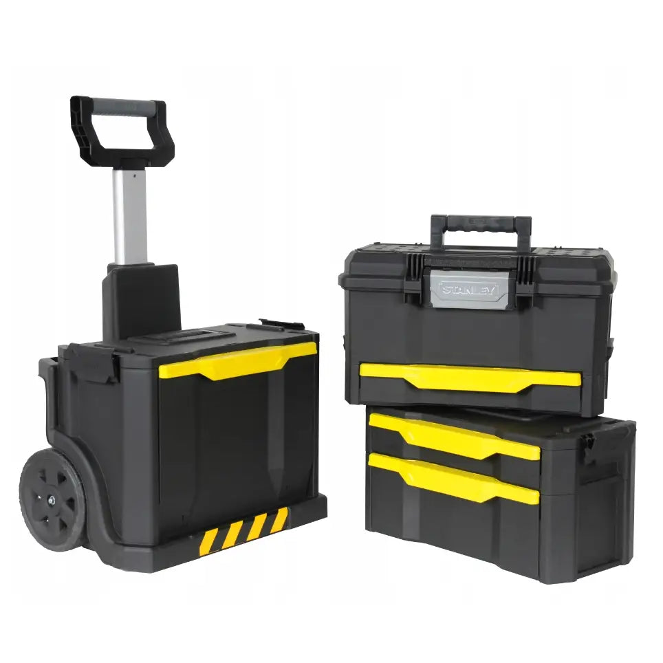 Mobilt verksted med tre sorte Stanley oppbevaringsbokser, gule detaljer, hjul og teleskophåndtak i skrå vinkel.