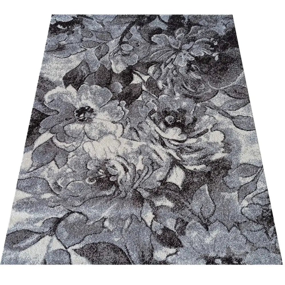 Modern Panamero 16 teppe 200 x 290 cm, blomstermønster i gråtoner, myk og tettvevd tekstur sett ovenfra.