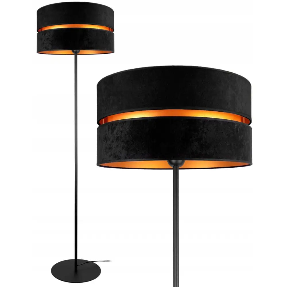 Moderne Fløyels Loft LED gulvlampe, sort med dobbel rund skjerm og gullfarget innside, vist i helfigur.