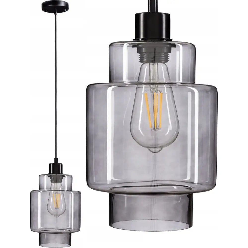 Moderne grå glass hengelampe med synlig lyspære, minimalistisk design og detaljerte glasskjermer.