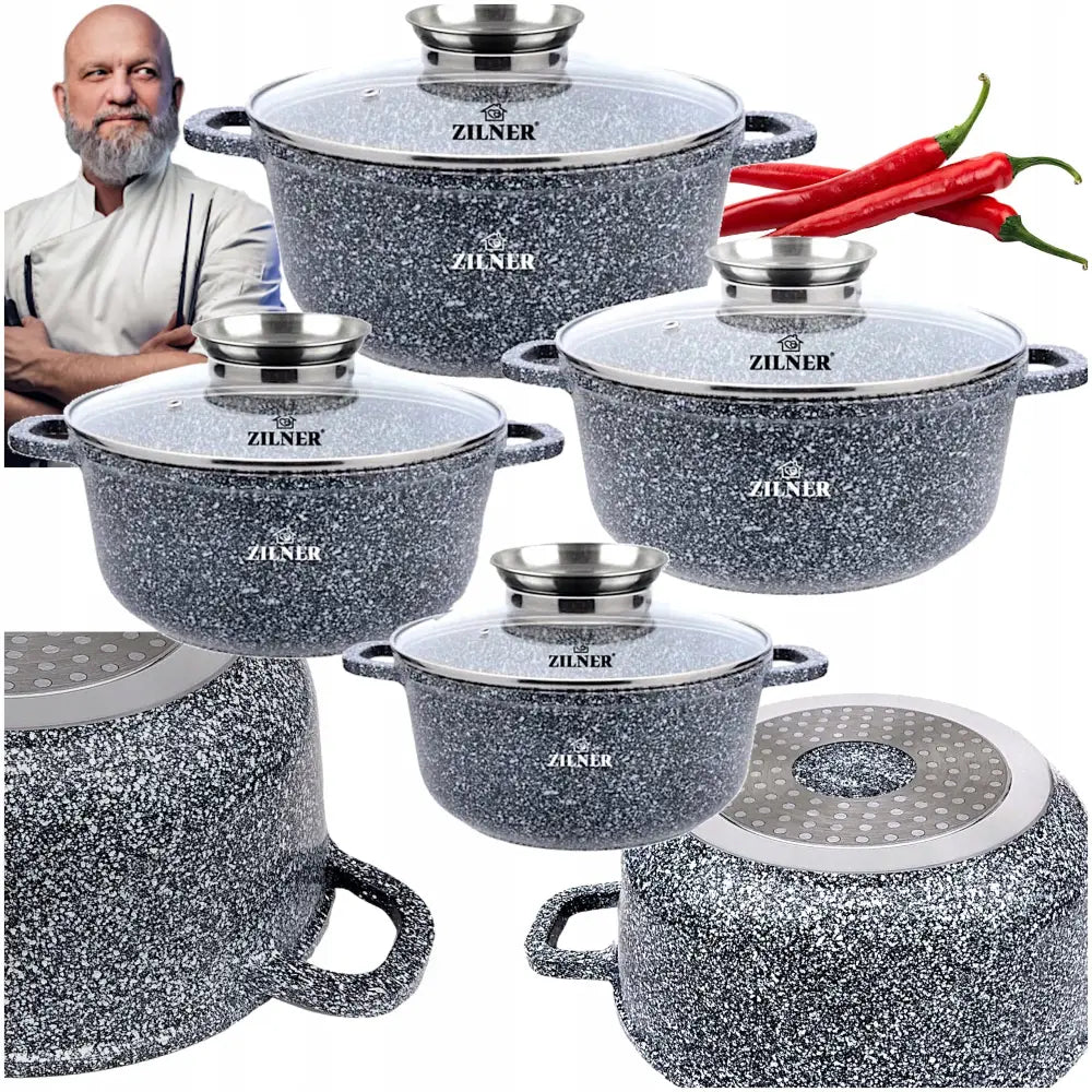 Moderne marmormønstrede kokesett, fire grå gryter med glasslokk og granittmønster, chilier og kokk i bakgrunnen.