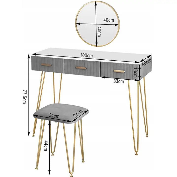 Moderne sminkebord med tre grå skuffer, gullben, rundt speil og krakk, sett forfra med målmarkering.