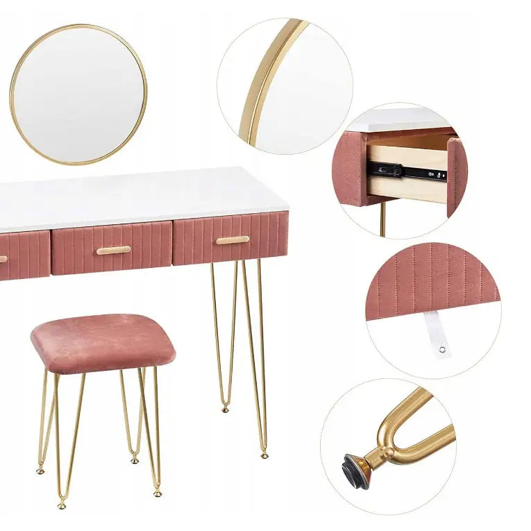 Moderne sminkebord med rosa skuffer, gullben, hvit plate og rundt speil, detaljert visning av oppbevaring.