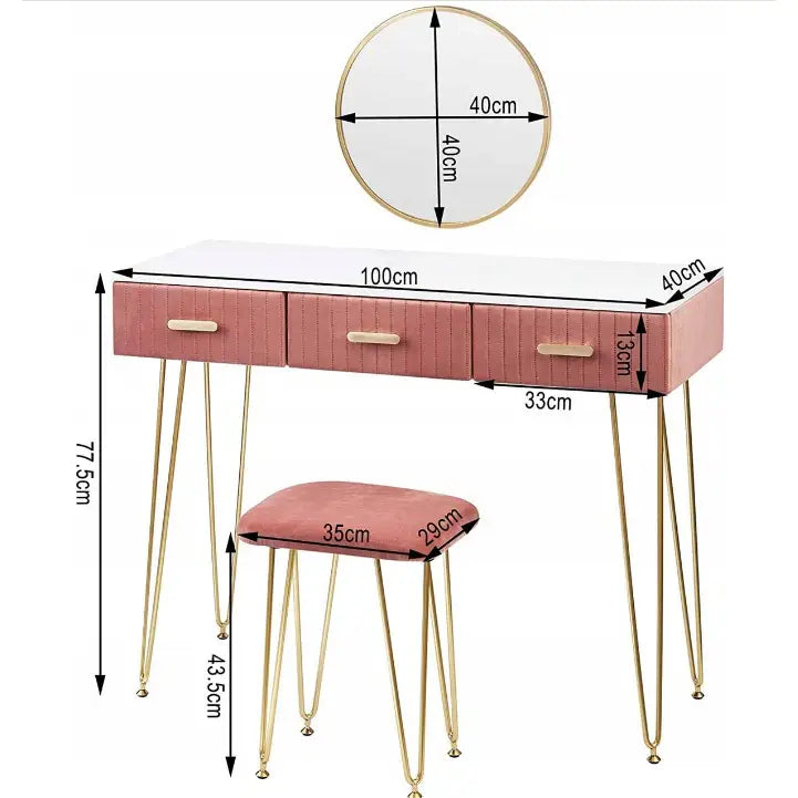 Moderne sminkebord med rosa og hvit finish, gullben og krakk, frontvisning med tydelig markerte mål.