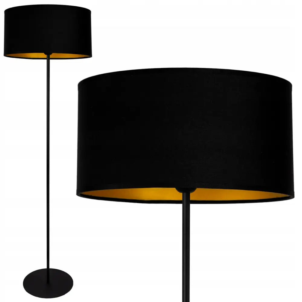 Moderne svart gulvlampe med rund, matt skjerm og gullfarget innside, vist både hel og i nærbilde.