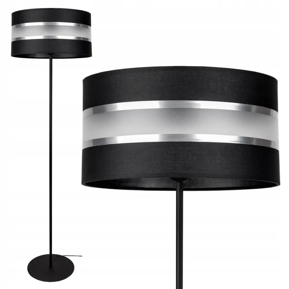 Moderne stående gulvlampe med svart sylinderformet skjerm og bred sølvstripe, helfigur og nærbilde.