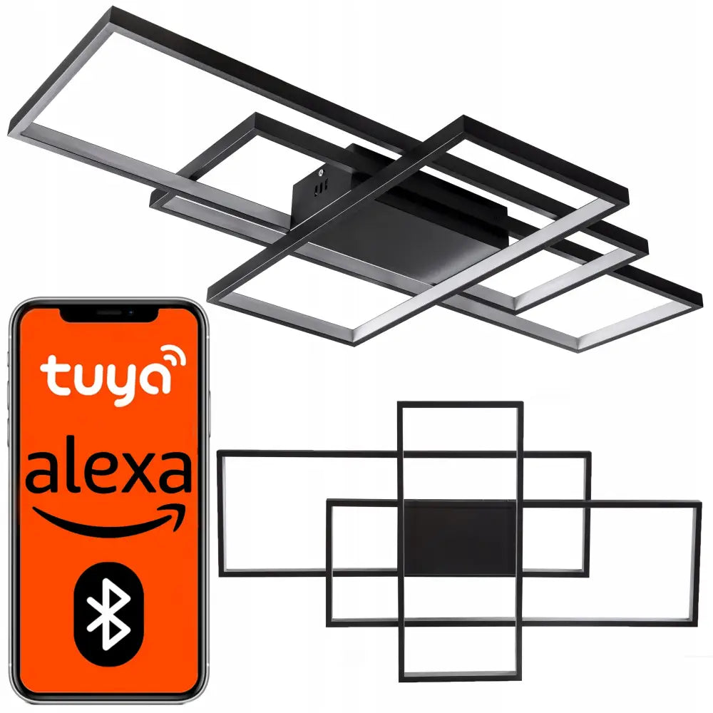 Moderne taklampe i svart metall med rektangulære rammer, dimbar via app, vist sammen med mobil og smartlogoer.