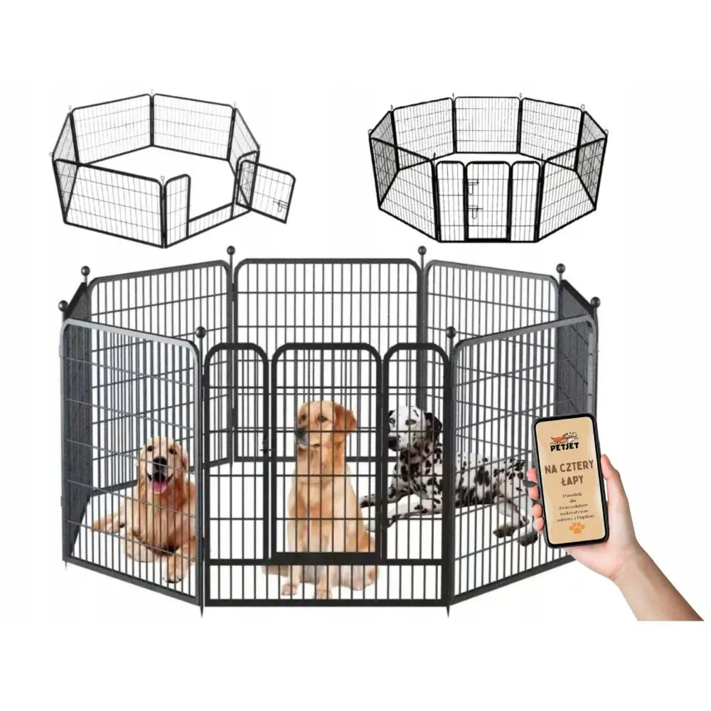 Modulær hjemmebur for hund og kanin, sekskantet metallgrind med tre hunder inni og en hånd som viser kort ved siden av.