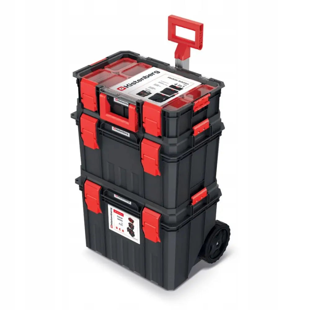 Modulær verktøykasse i sort og rødt, stablet med hjul, uttrekkbart håndtak og synlige solide låser.