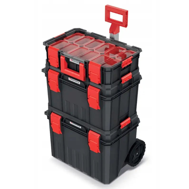 Modulær verktøykasse, stablet med tre enheter, hjul og teleskophåndtak, øvre boks med gjennomsiktig lokk.