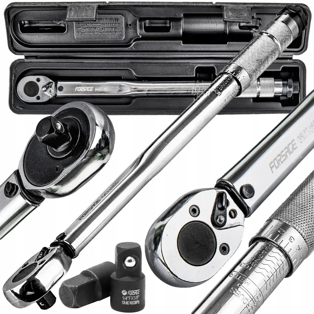 Momentnøkkel 3/8 tommer med riflet håndtak, flere adaptere og svart oppbevaringseske, sett fra siden.