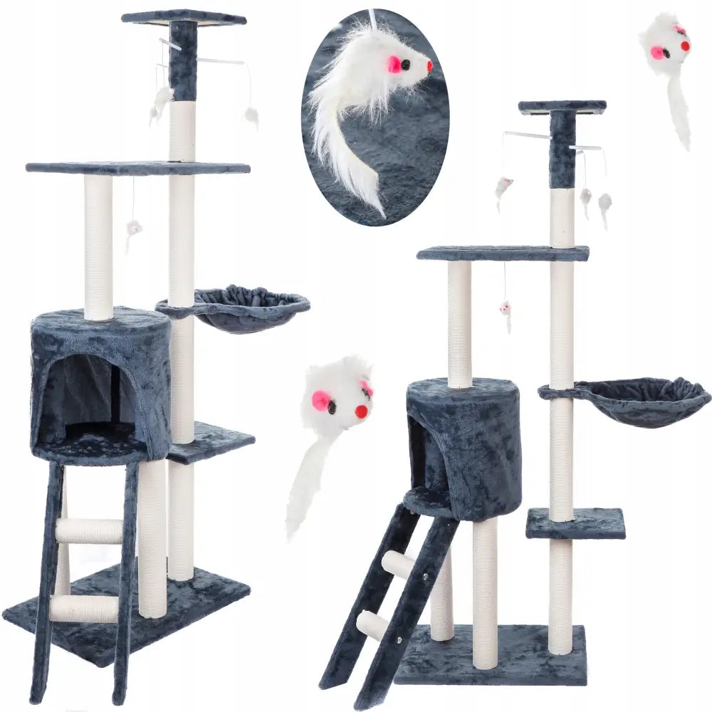 Mørkegrå kattekrappetårn med fem nivåer, klorestolper, hengekøye, hus, stige og hengende musleke med rosa detaljer.