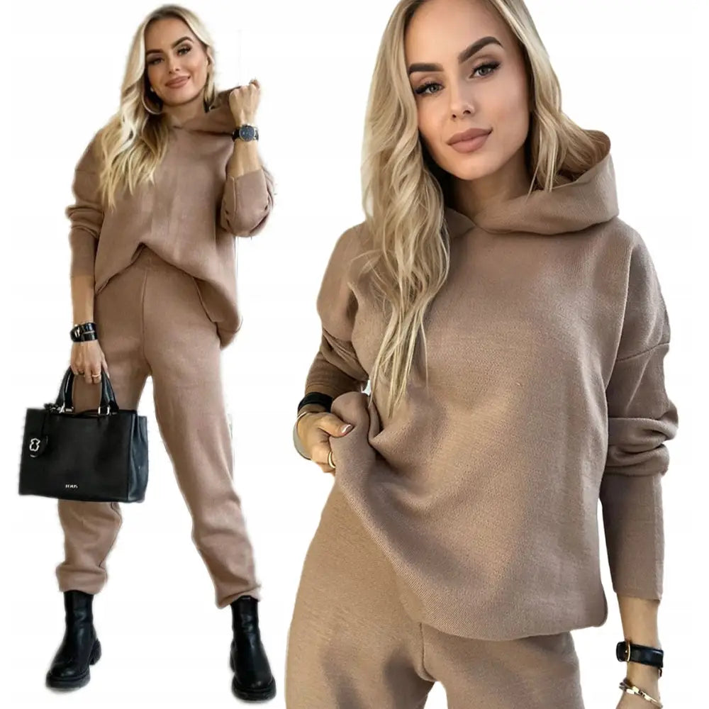 Motevennlig Komfortabel Strikket Joggedress med Hette - Brun