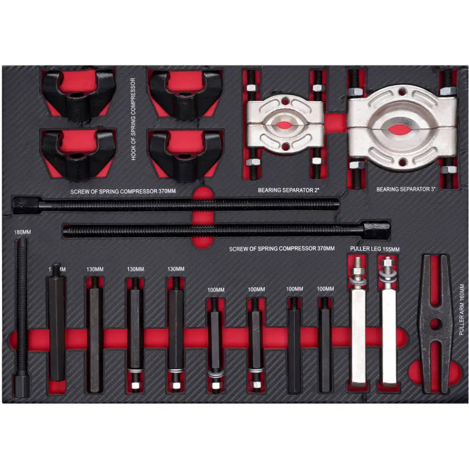 Moto verktøysskap, oversiktsbilde av sort og rød verktøysett med lageravdragere og trekkarmer i skuminnlegg.